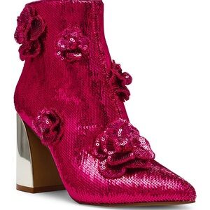Betsey Johnson Finlee Fuchsia Sequin Floral Heeled Boots